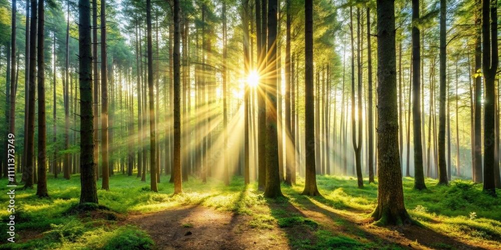 Obraz premium A serene forest landscape with tall trees and sunlight filtering through the branches , nature, outdoors, trees, woods