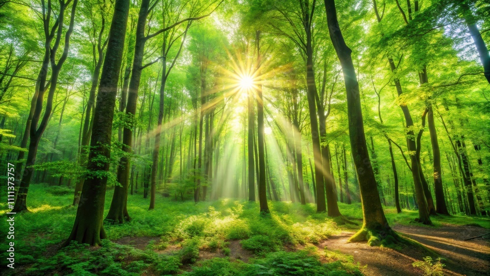 Fototapeta premium Vibrant panoramic view of illuminated foliage in lush green forest with sunlight rays , vibrant, panoramic, scenery