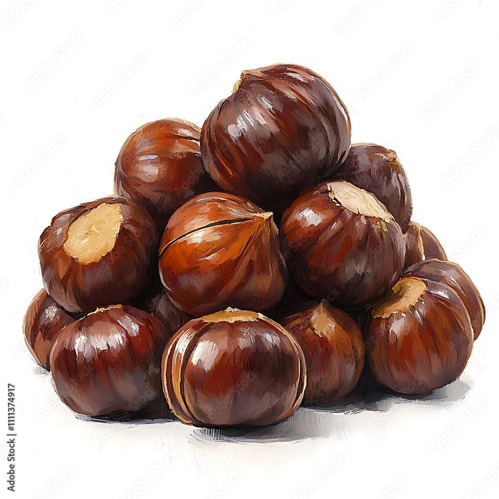 A Pile of Freshly Harvested Chestnuts, Digitally Painted in an Impressionistic Style. A Pile of Freshly Harvested Chestnuts, Digitally Painted in an Impressionistic Style.
