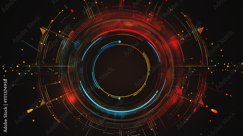 Abstract black background with Colorful circle lines. Digital future technology . Abstract business connection of lines from nodes innovation of communication in the network. Abstract black background with Colorful circle lines. Digital future technology . Abstract business connection of lines from nodes innovation of communication in the network.