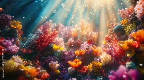 A mesmerizing underwater world of colorful coral reefs and gentle sunbeams streaming through the water