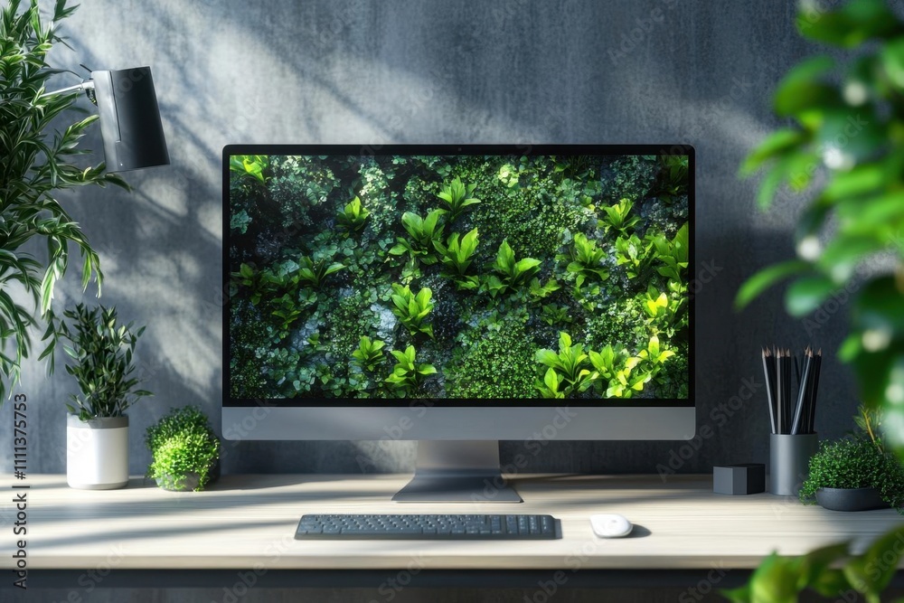 Modern Desk Setup with a Green Wall Screensaver: Nature Inspired Workspace Modern Desk Setup with a Green Wall Screensaver: Nature Inspired Workspace