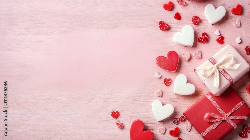 Composition with gift boxes and hearts for Valentine's Day in pink tones, flat lay top view with copy space Composition with gift boxes and hearts for Valentine's Day in pink tones, flat lay top view with copy space
