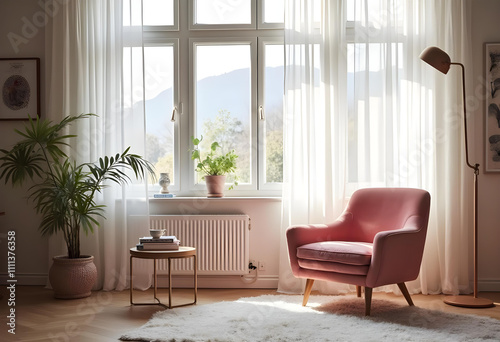 cozy living room featuring pink armchair  large windows  and natural light. space includes plant  side table  and soft textures  creating warm atmosphere