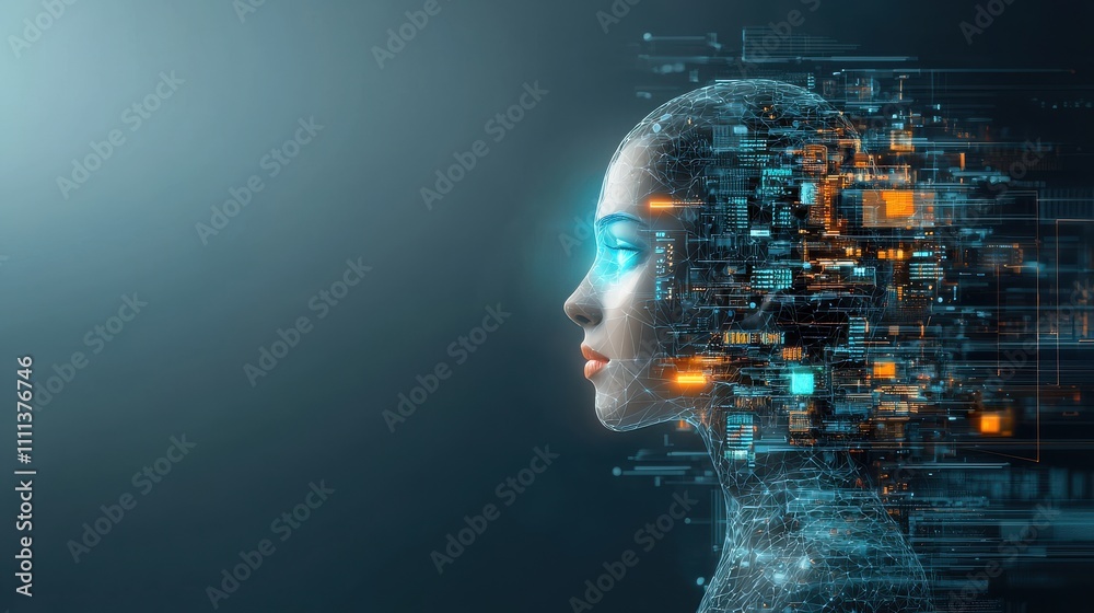 Obraz premium Innovative virtual ai head with holographic components futuristic environment digital artwork technology concept gigapixel detail