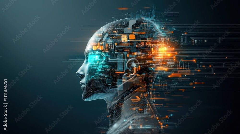 Obraz premium Futuristic virtual ai head with holographic components digital environment gigapixel detail technology concept sci-fi aesthetic