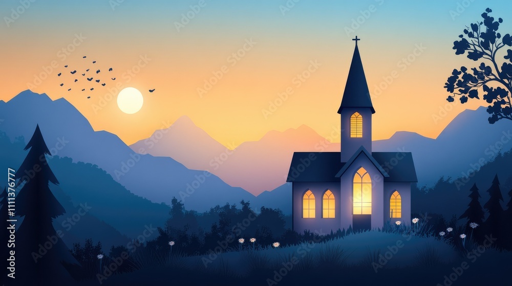 Naklejka premium A minimalist paper cut church silhouette against a twilight sky, with glowing windows and soft hues