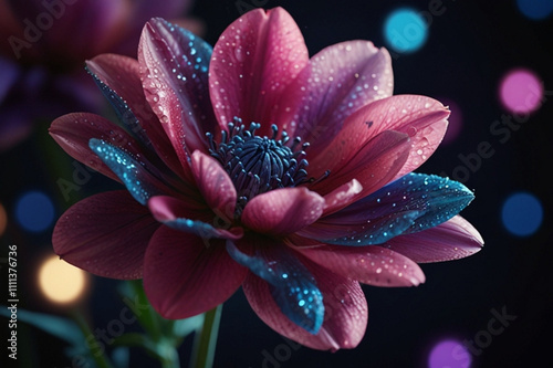 Vibrant, glowing flower with delicate petals in shades of pink, purple, and blue against a dark background with sparkling lights