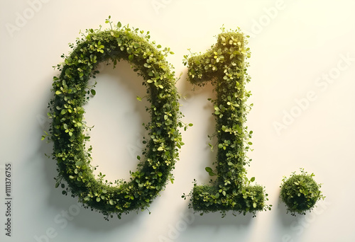 vibrant green number 01 made of lush plants and leaves, symbolizing nature and growth. This artistic display brings fresh and organic feel to any space photo