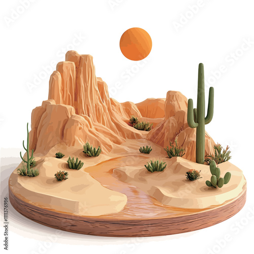 Desert landscape with cactuses and mountains. 3d render.eps