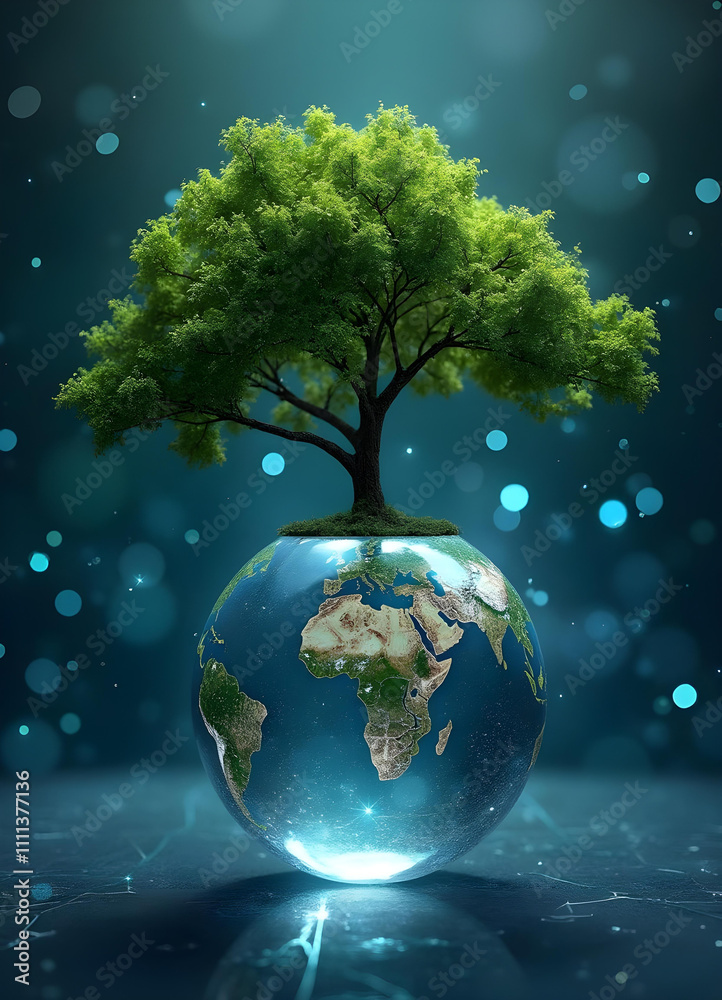 vibrant tree grows from globe, symbolizing environmental harmony and sustainability. This captivating image highlights connection between nature and our planet vibrant tree grows from globe, symbolizing environmental harmony and sustainability. This captivating image highlights connection between nature and our planet