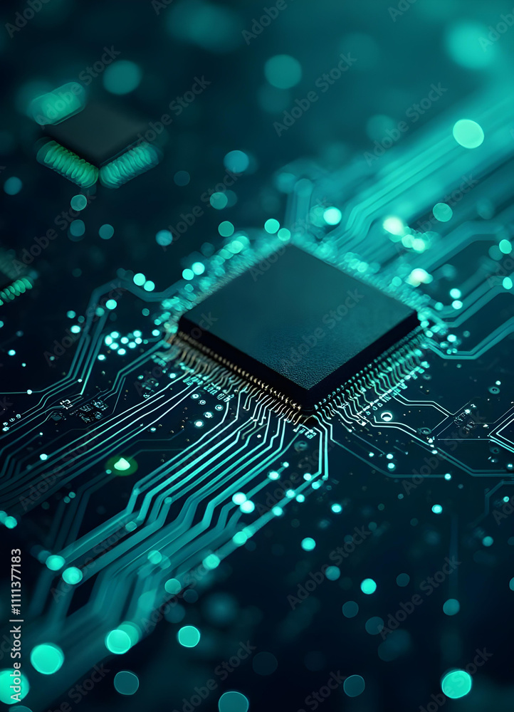 High tech circuit board with microchip and glowing connections, showcasing intricate details and vibrant colors High tech circuit board with microchip and glowing connections, showcasing intricate details and vibrant colors