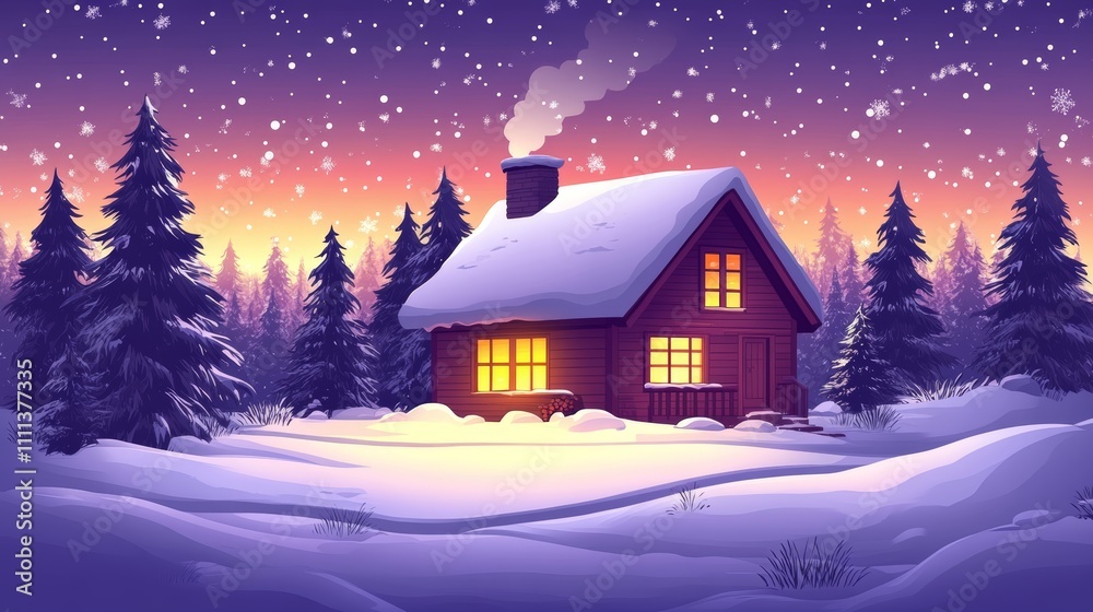 A cozy cabin with warm lights glows in the snowy forest under a purple night sky with falling snow.
