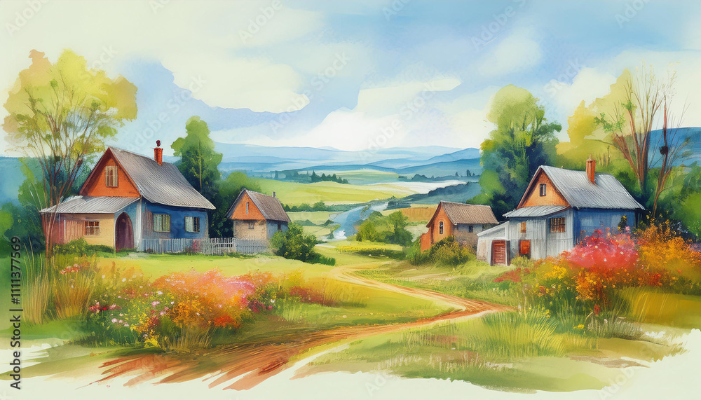 Landscape with houses watercolor Landscape with houses watercolor
