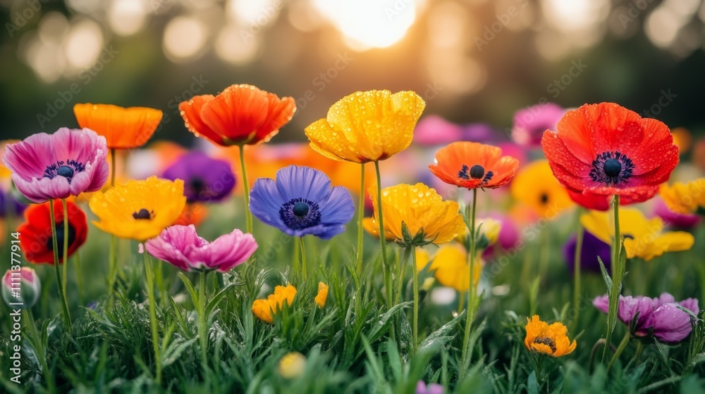 A field of vibrant, colorful poppies in bloom, bathed in the warm glow of the setting sun. A field of vibrant, colorful poppies in bloom, bathed in the warm glow of the setting sun.