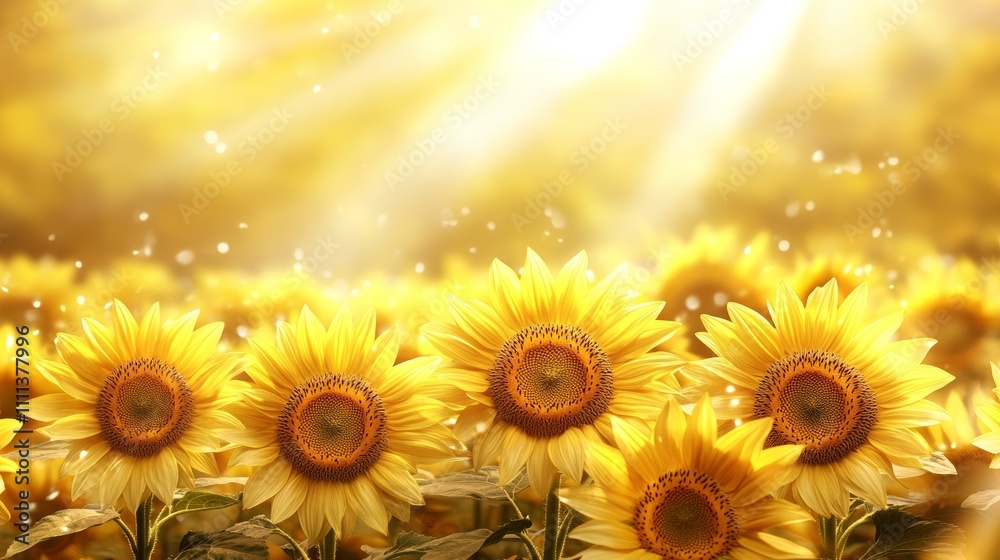 Fototapeta premium A field of sunflowers bathed in golden sunlight.