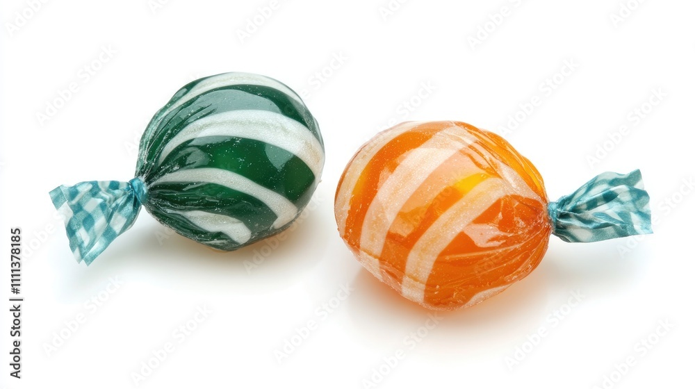Wrapped Hard Candies: Green and Orange Swirl Flavors, Sweet Treats, Delicious Confectionery, Festive Candy, Sugar Candy Wrapped Hard Candies: Green and Orange Swirl Flavors, Sweet Treats, Delicious Confectionery, Festive Candy, Sugar Candy