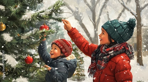 A Family Picking Out a Christmas Tree at a Snowy Tree Farm, Bundled in Warm Scarves and Hats, Kids Excitedly Pointing at Their Favorite Tree
