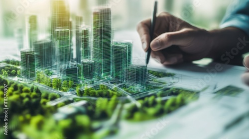 A serene shot of an architect sketching plans for a futuristic city district with smart technologies and green infrastructure, Futuristic city planning scene, Urban innovation style