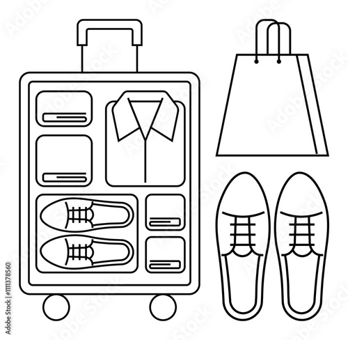 Suitcase containing folded clothing and shoes, adjacent pair of shoes and shopping bag. Ideal for travel planning, packing tips, organization, shopping, vacation, fashion storage. Line metaphor