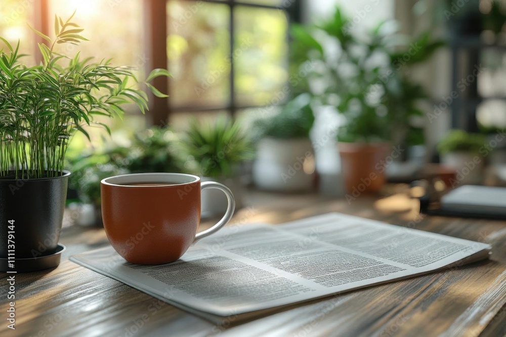 Relaxing Morning Routine: Coffee, Newspaper, and Green Plants Relaxing Morning Routine: Coffee, Newspaper, and Green Plants