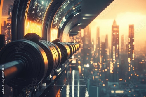 Futuristic Cityscape with Metal Corridor and Sunset