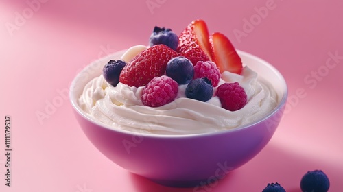 Bowl of creamy yogurt topped with fresh fruit - ai