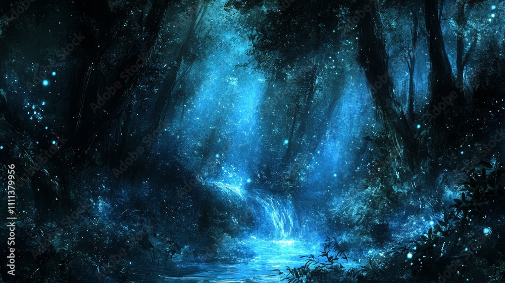 A mystical forest path illuminated by blue light with a stream flowing through it. A mystical forest path illuminated by blue light with a stream flowing through it.