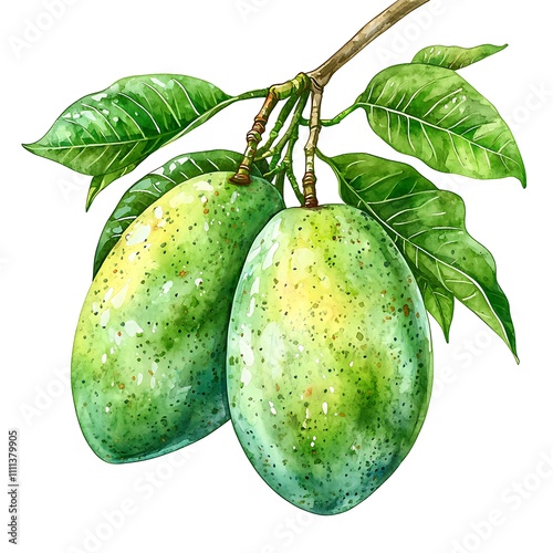 Watercolor painting of two green mangoes on a branch with lush leaves. photo