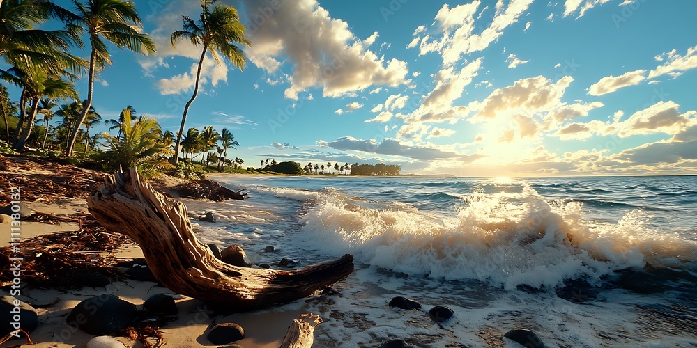 Serene Seascape with Crashing Waves at Golden Hour on Beach Serene Seascape with Crashing Waves at Golden Hour on Beach