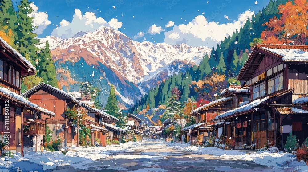 A picturesque Japanese village nestled in a snowy mountain valley, with traditional wooden houses and a clear blue sky. A picturesque Japanese village nestled in a snowy mountain valley, with traditional wooden houses and a clear blue sky.