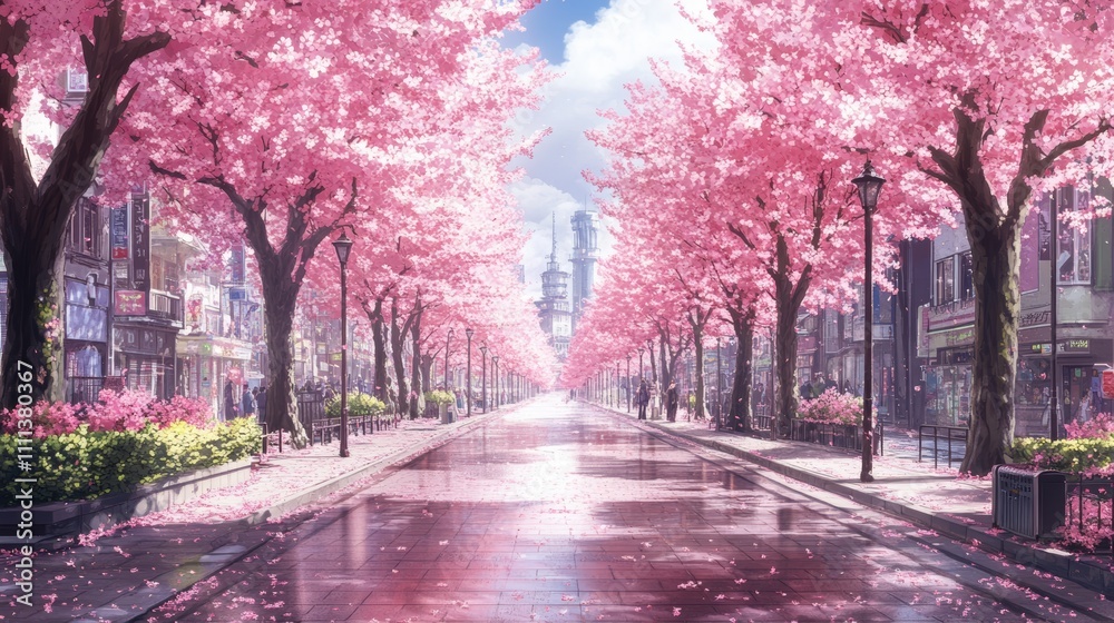 A picturesque street lined with cherry blossom trees in full bloom, with pink petals falling onto the wet pavement. A picturesque street lined with cherry blossom trees in full bloom, with pink petals falling onto the wet pavement.