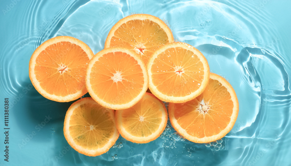 orange slices floating in a clear blue water orange slices floating in a clear blue water