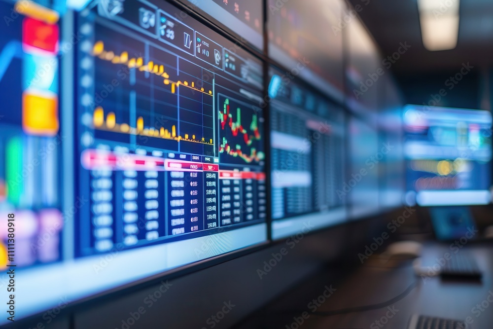 Fiber optic enables precise monitoring. Data analytics on digital screens in a workspace Fiber optic enables precise monitoring. Data analytics on digital screens in a workspace