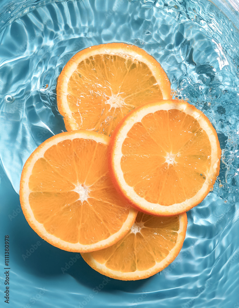 orange slices floating in a clear blue water orange slices floating in a clear blue water