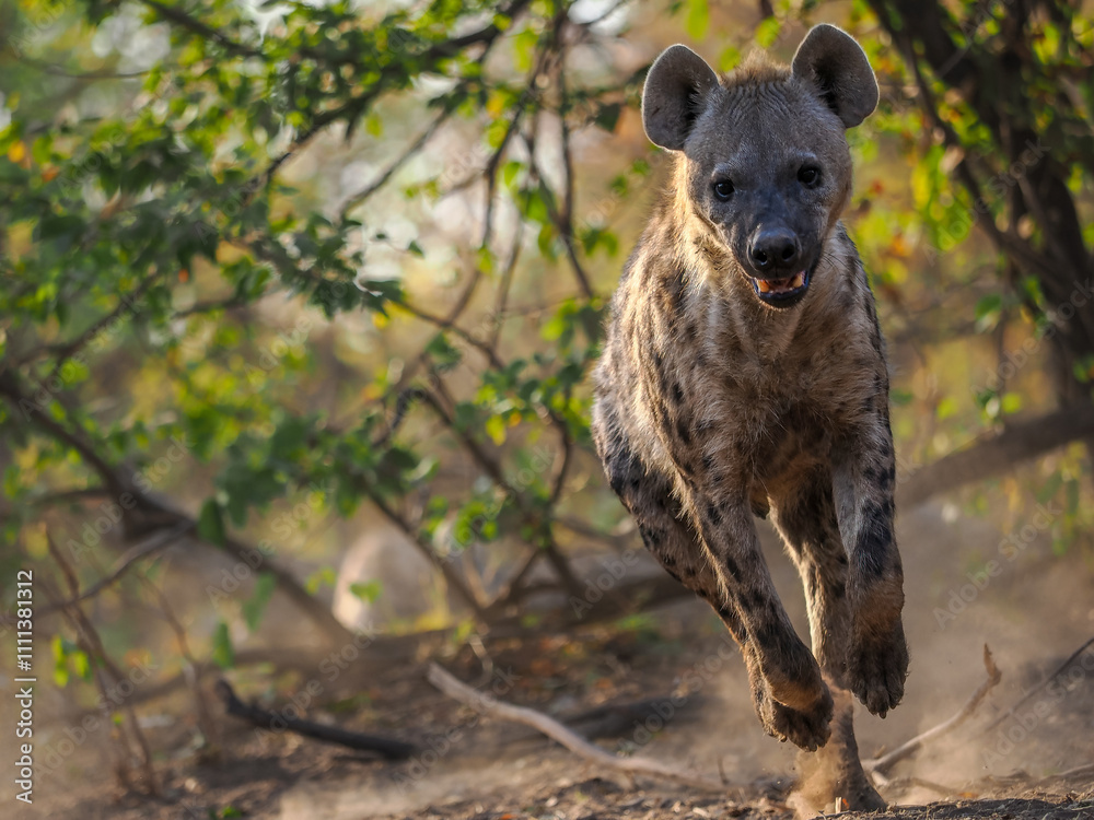 Spotted Hyena Running in Natural Habitat, African Wilderness Spotted Hyena Running in Natural Habitat, African Wilderness
