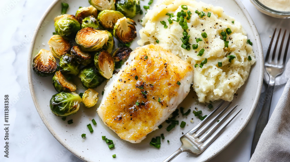 Baked cod fillet with browned Brussels sprouts and creamy mashed potatoes garnished with chives on white plate, creating delicious and inviting meal Baked cod fillet with browned Brussels sprouts and creamy mashed potatoes garnished with chives on white plate, creating delicious and inviting meal