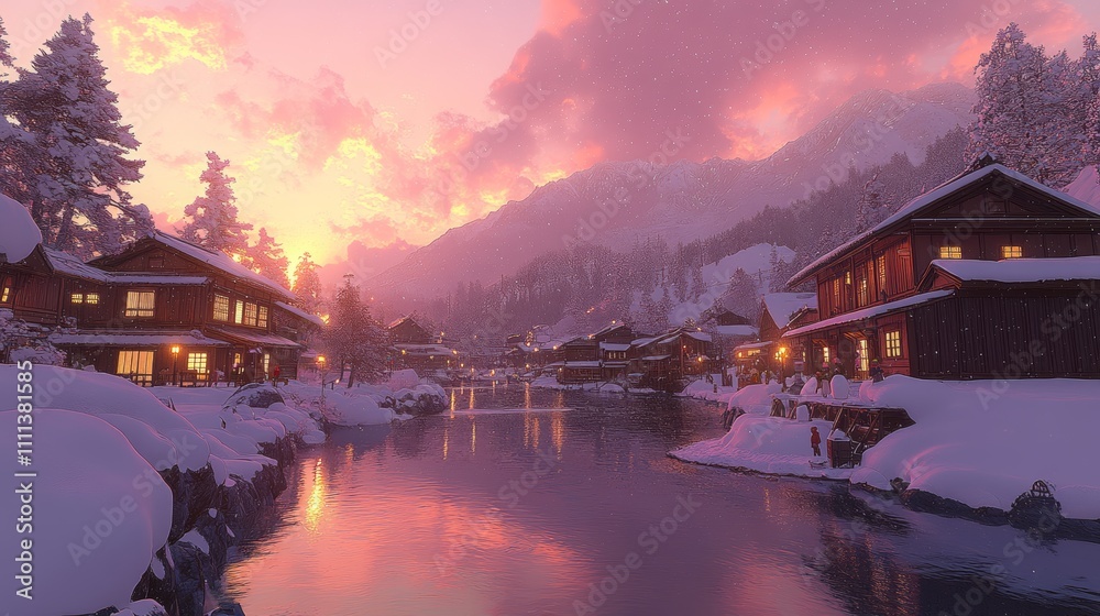 Fototapeta premium A serene Japanese village nestled amidst snow-covered mountains, with a tranquil river flowing through it at sunset