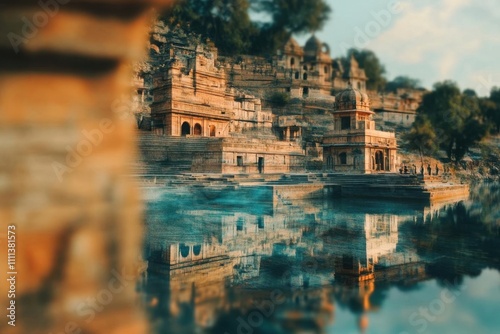 Ancient Temple Reflecting in Calm Water,  A Stunning View of Architectural Beauty and Serenity