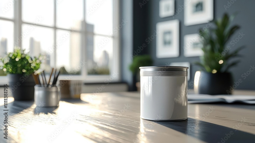 Blank Metal Can Mockup on Wooden Table with Sun Rays and a Blurred City View