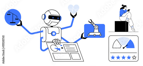 AI robot with multiple arms managing justice scales, health data, automation, and user ratings while a person interacts via tablet. Ideal for technology, AI, automation, health, justice user