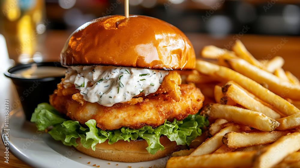 A gourmet fish burger topped with crisp lettuce and tartar sauce, accompanied by a side of fries on a clean tabletop. A gourmet fish burger topped with crisp lettuce and tartar sauce, accompanied by a side of fries on a clean tabletop.