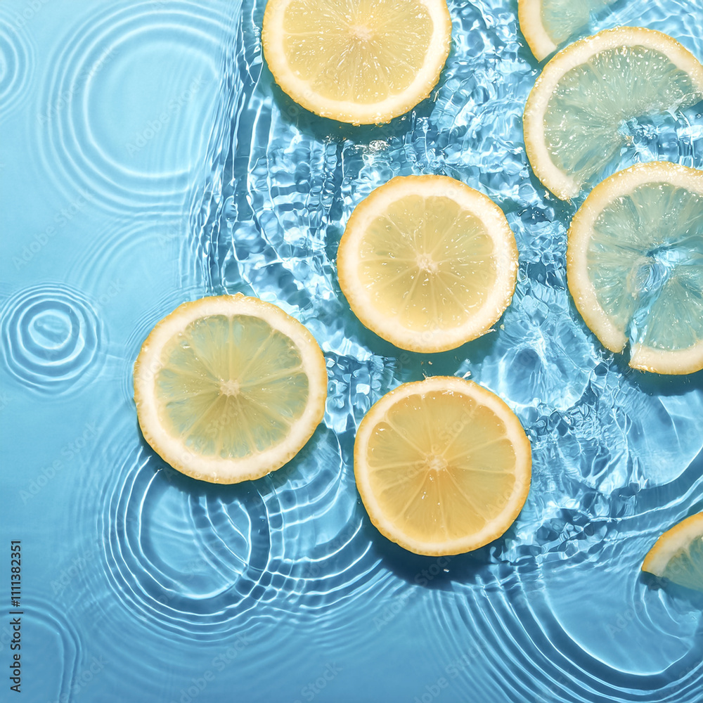 Fresh a Lemon slices floating in a clear blue water