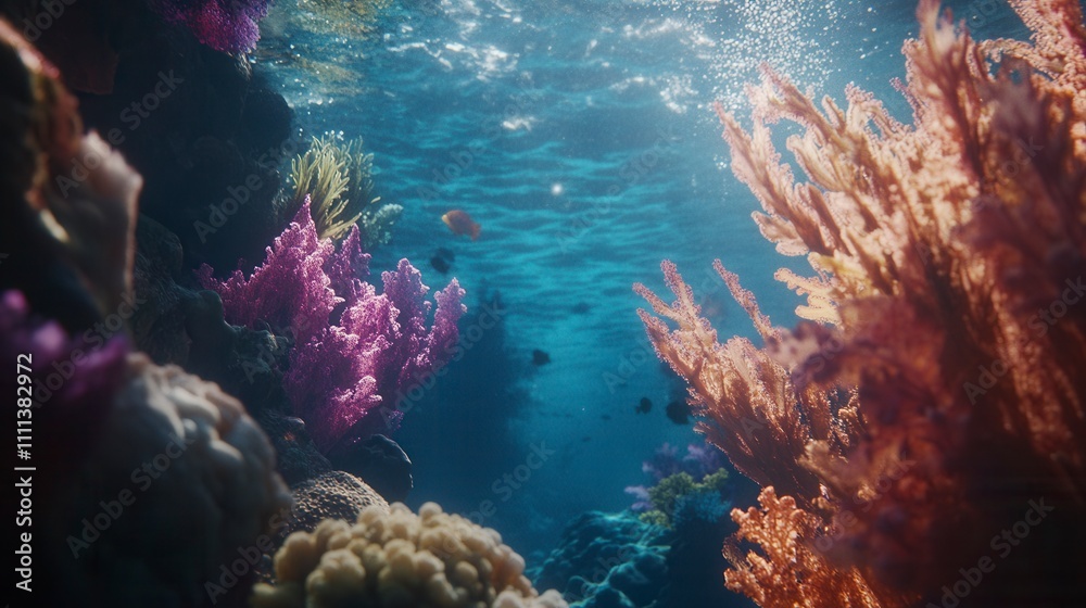 Fototapeta premium Vibrant Underwater Scene with Colorful Coral Reef and Clear Blue Ocean Water, Showcasing Marine Life and Natural Beauty in an Aquatic Ecosystem
