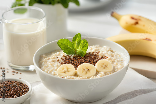 Breakfast Table with Fiber-Rich Oatmeal, Almond Milk, and Minimalist Modern Kitchen  

