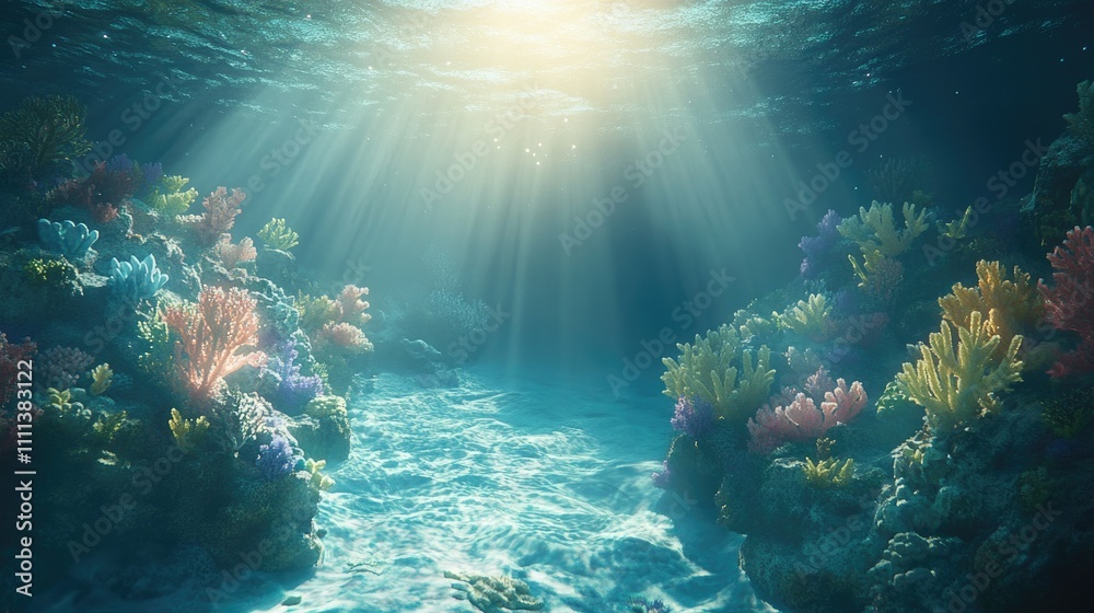 A serene underwater view of coral reefs, illuminated by sunlight piercing through clear ocean waves A serene underwater view of coral reefs, illuminated by sunlight piercing through clear ocean waves