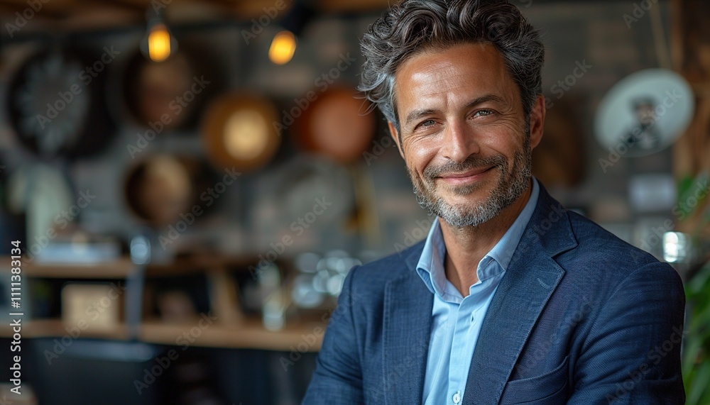 smiling mid aged business man executive standing in office,