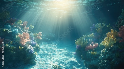 A serene underwater view of coral reefs  illuminated by sunlight piercing through clear ocean waves