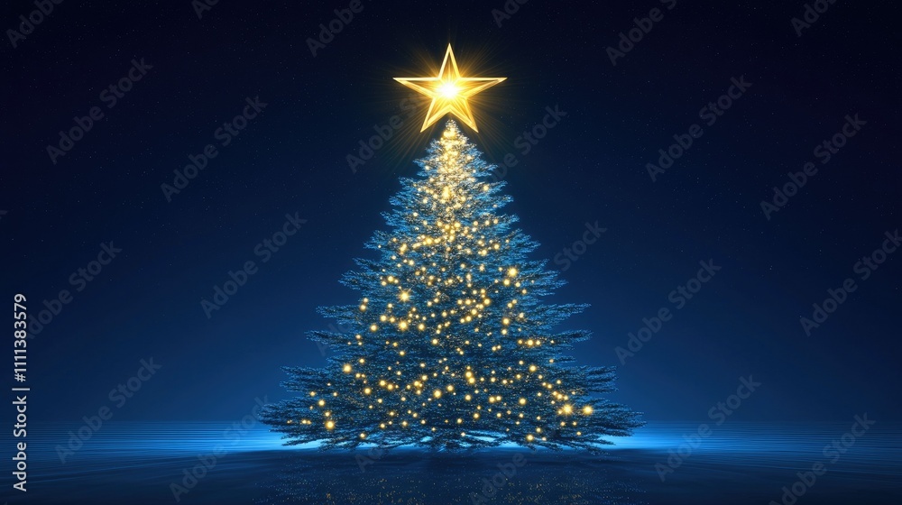 A shimmering Christmas tree illuminates a midnight blue background, crowned by a bright golden star A shimmering Christmas tree illuminates a midnight blue background, crowned by a bright golden star