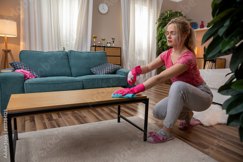 A woman is happily cleaning the coffee table in her cozy and inviting living room space